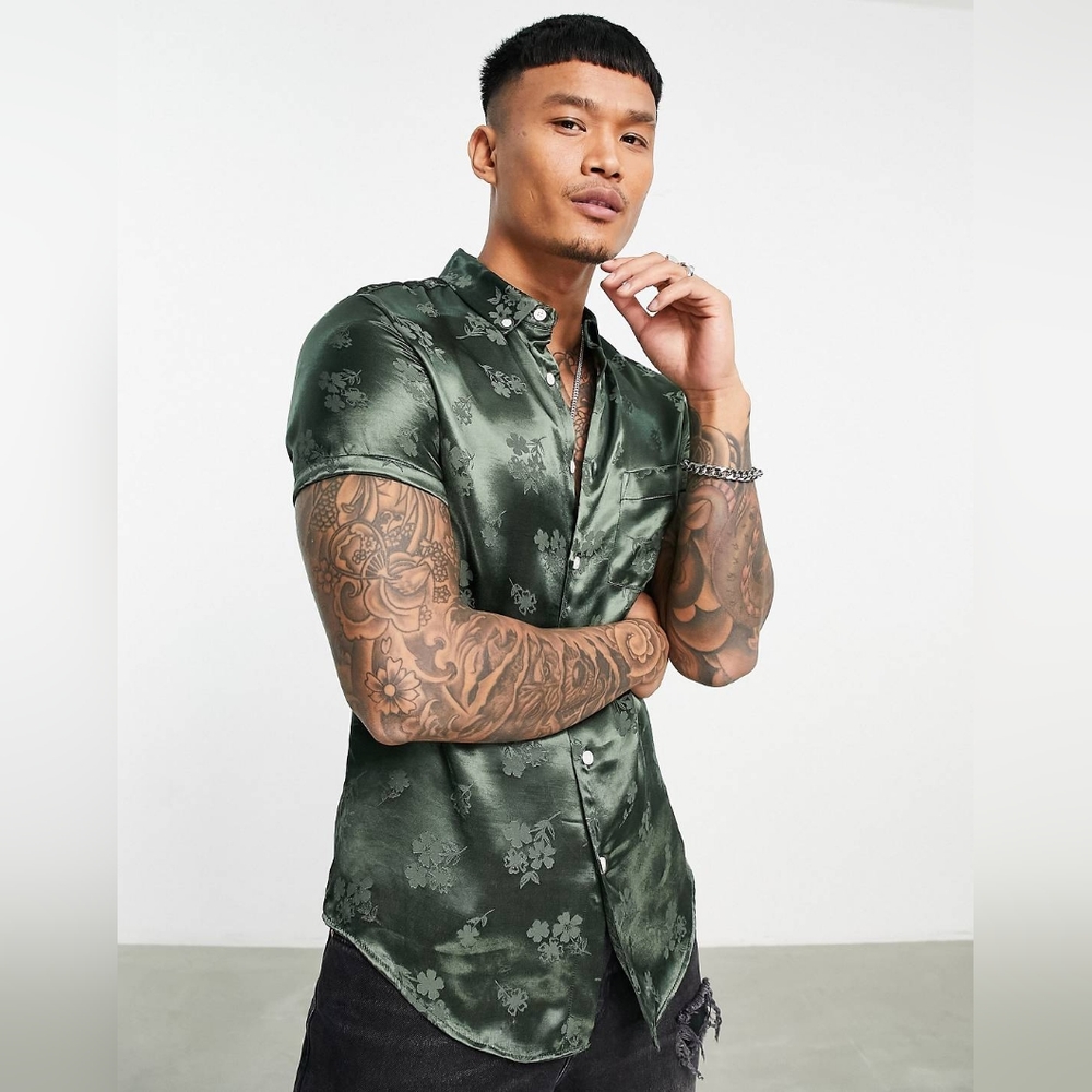 ASOS DESIGN regular satin shirt in green floral jacquard